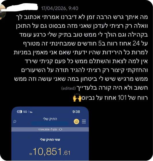 צילום מסך של הודעה על 24% רווח בחמישה חודשים ו-101% רווח על מניית נביוס, לצד צילום מסך של התיק (שם השולח מוסתר)