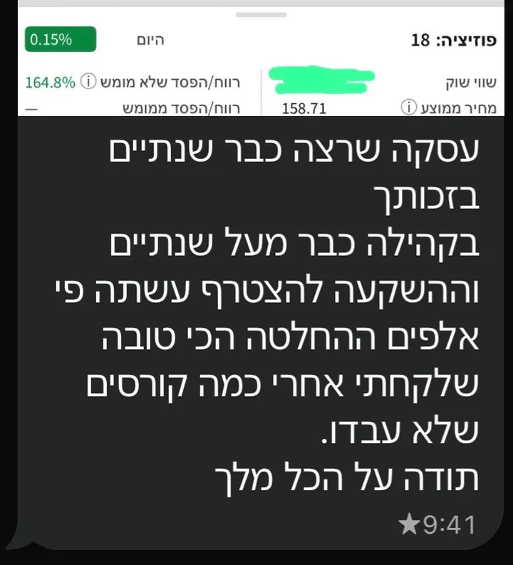 צילום מסך של פוזיציה עם רווח לא ממומש של 164.8% (שם המניה מטושטש), לצד הודעת תודה על עסקה שחיכה לה שנתיים